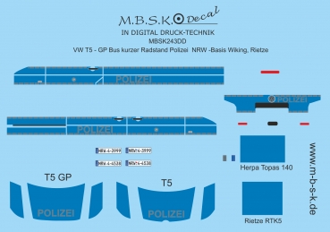 Decals für VW T5 Bus - GP, kurzer Radstand Polizei NRW -Basis Wiking, Rietze- Digitaldruck Decal MBSK243DD