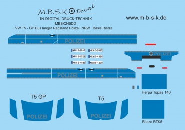 Decals für VW T5 Bus - GP, langer Radstand Polizei NRW -Basis Rietze- Digitaldruck Decal MBSK245DD