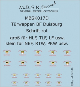 Türwappen BF Duisburg groß und klein, Schrift rot MBSK017D