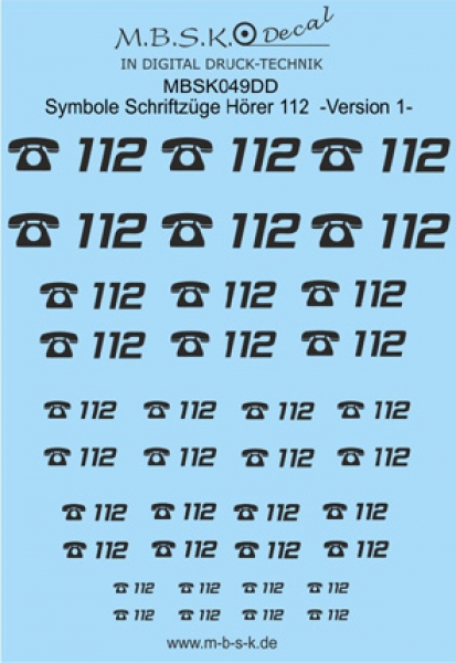 Hörer 112 Symbole/Schriftzüge Version 1 -Schwarz- Premium Digitaldruck Decal MBSK049DD