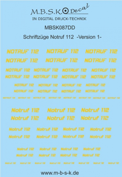 Notruf 112 Schriftzüge Version 1 -Gelb- Premium Digitaldruck Decal MBSK087DD
