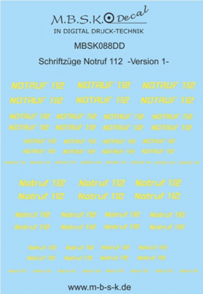 Notruf 112 Schriftzüge Version 1 -Hellgelb- Premium Digitaldruck Decal MBSK088DD