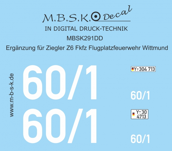 Ergänzung Decal für Z6 FlKfz Fliegerhorstfeuerwehr Wittmund 60-1 Premium Digitaldruck Decal MBSK291DD