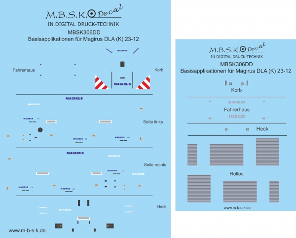 Basisapplikationen für Magirus DLA (K) 23-12 -Basis Rietze- Premium Digitaldruck Decal und Digitaldruck Decal MBSK306DD