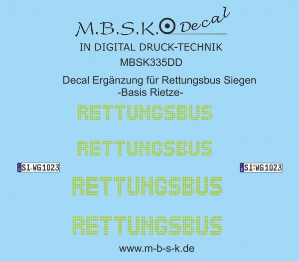 Decal Ergänzung für Rettungsbus Siegen -Basis Rietze- Premium Digitaldruck Decal MBSK335DD
