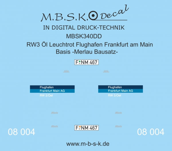 Decalsatz für RW3 Öl Leuchtrot Frankfurt am Main Merlau Bausatz Premium Digitaldruck Decal MBSK340DD