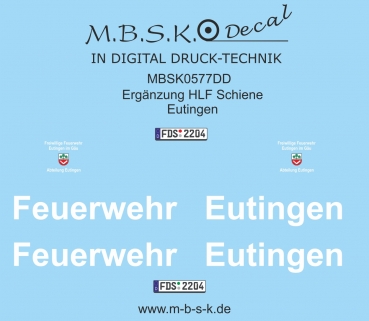 Ergänzung zu HLF Schiene Eutingen Basis Decal (MBSK570DD) RMM Bausatz 05.003.042 MBSK477DD