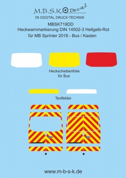 Heckwarnmakierungen DIN 14502-3 Hellgelb-Rot für MB Sprinter Bus/Kasten 2018 Basis Herpa u. Busch Premium Digitaldruck MBSK719DD
