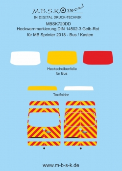 Heckwarnmakierungen DIN 14502-3 Gelb-Rot für MB Sprinter Bus/Kasten 2018 Basis Herpa u. Busch Premium Digitaldruck MBSK720DD