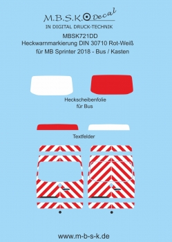 Heckwarnmakierungen DIN 30710 Rot/Weiß für MB Sprinter Bus/Kasten 2018 Basis Herpa u. Busch Premium Digitaldruck MBSK721DD