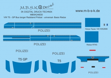 Decals für VW T5 Bus - GP, langer Radstand Polizei Universal -Basis Rietze- Digitaldruck Decal MBSK246DD