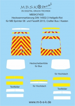 Heckwarnmakierungen DIN 14502-3 Hellgelb-Rot für MB Sprinter 06/2013 umd Crafter Premium Digitaldruck MBSK374DD