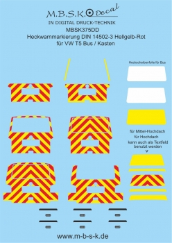 Heckwarnmakierungen DIN 14502-3 Hellgelb-Rot für VW T5 Bus/Kasten Premium Digitaldruck MBSK375DD