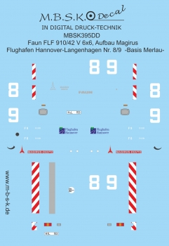 Decalsatz für FLF Faun 910/42 Flughafen Hannover-Langenhagen Nr. 8/9 -Basis Merlau Premium Digitaldruck Decal MBSK395DD