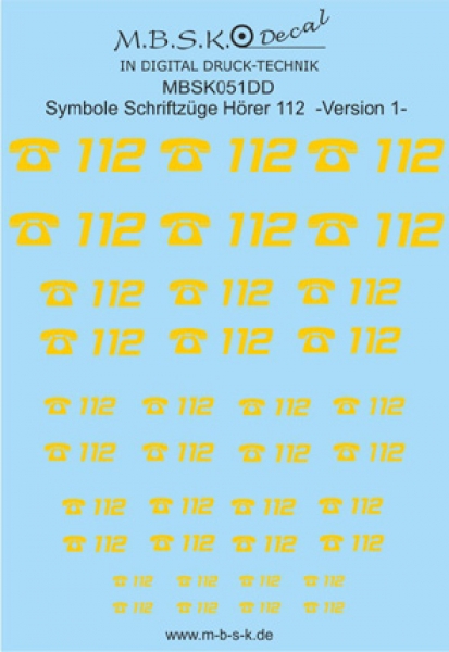 Hörer 112 Symbole/Schriftzüge Version 1 -Gelb- Premium Digitaldruck Decal MBSK051DD