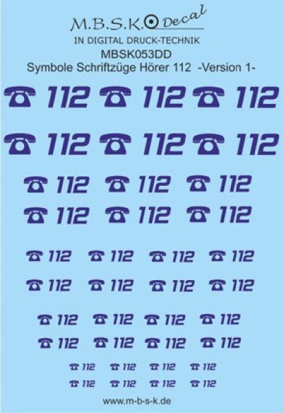 Hörer 112 Symbole/Schriftzüge Version 1 -Blau- Premium Digitaldruck Decal MBSK053DD