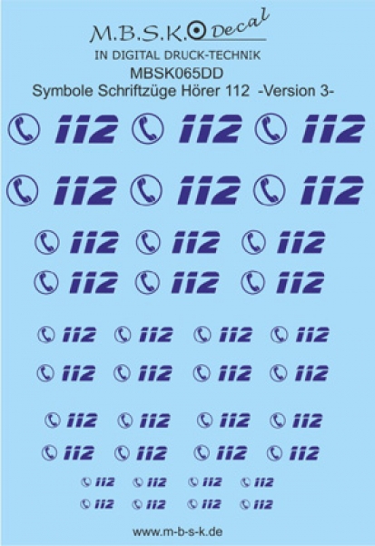Hörer 112 Symbole/Schriftzüge Version 3 -Blau- Premium Digitaldruck Decal  MBSK065DD
