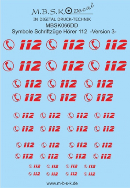 Hörer 112 Symbole/Schriftzüge Version 3 -Rot- Premium Digitaldruck Decal MBSK066DD