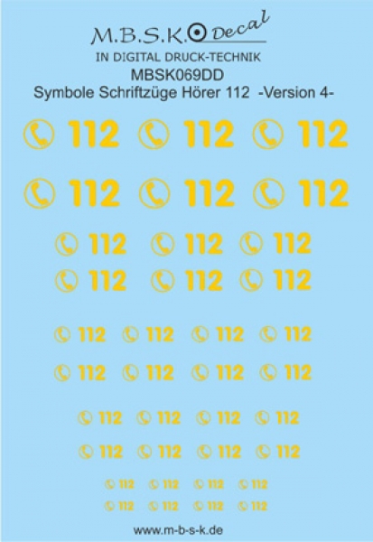 Hörer 112 Symbole/Schriftzüge Version 4 -Gelb- Premium Digitaldruck Decal MBSK069DD