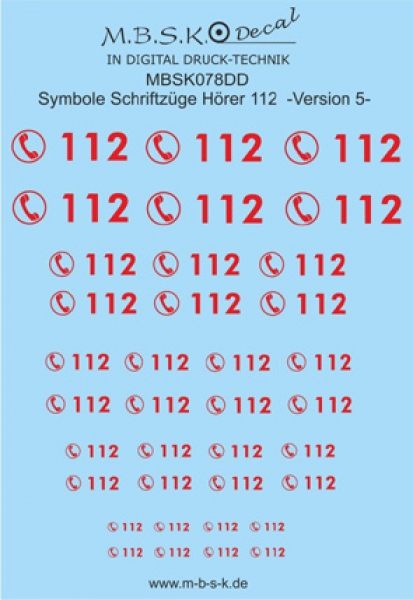 Hörer 112 Symbole/Schriftzüge Version 5 -Rot- Premium Digitaldruck Decal MBSK078DD