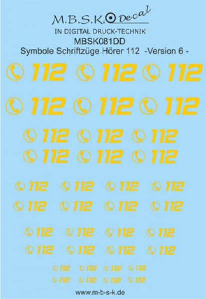 Hörer 112 Symbole/Schriftzüge Version 6 -Gelb- Premium Digitaldruck Decal MBSK081DD