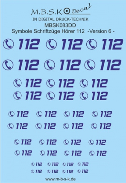 Hörer 112 Symbole/Schriftzüge Version 6 -Blau- Premium Digitaldruck Decal  MBSK083DD