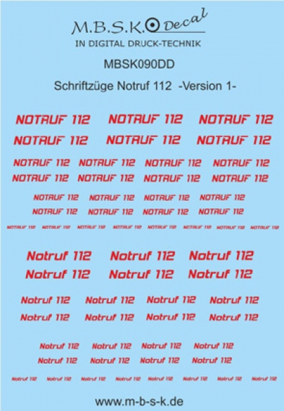 Notruf 112 Schriftzüge Version 1 -Rot- Premium Digitaldruck Decal MBSK090DD
