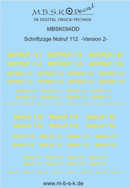 Notruf 112 Schriftzüge Version 1 -Hellgelb- Premium Digitaldruck Decal MBSK094DD