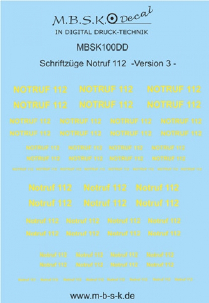 Notruf 112 Schriftzüge Version 3 -Hellgelb- Premium Digitaldruck Decal MBSK100DD