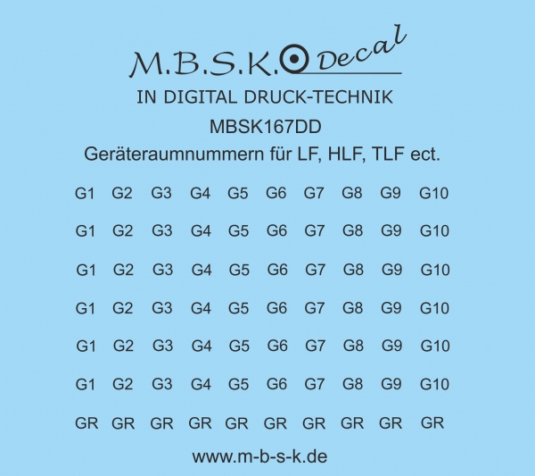 Geräteraumnummern G1 - G10 Premium Digitaldruck Decal MBSK167DD