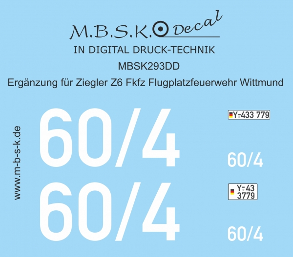 Ergänzung Decal für Z6 FlKfz Fliegerhorstfeuerwehr Wittmund 60-4 Premium Digitaldruck Decal MBSK293DD