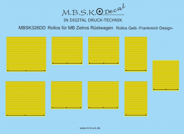 Rollos -Gelb- Frankreich Design für MB Zetros Rüstwagen Basis -Herpa- Premium Digitaldruck Decal MBSK326DD