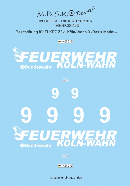 Beschriftung für FLKFZ Z8-1 Köln-Wahn 9 -Basis Merlau- Premium Digitaldruck Decal MBSK332DD
