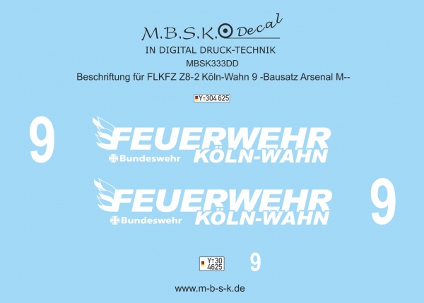 Beschriftung für FLKFZ Z8-2 Köln-Wahn 9 -Basis ArsenalM Bausatz Premium Digitaldruck Decal MBSK333DD