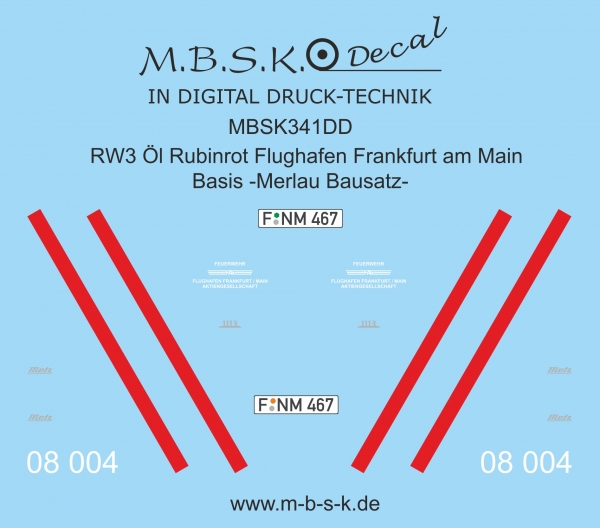 Decalsatz für RW3 Öl Rubinrot Frankfurt am Main Merlau Bausatz Premium Digitaldruck Decal MBSK341DD