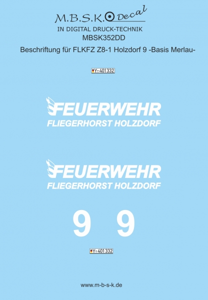 Beschriftung für FLKFZ Z8-1 Holzdorf 9 -Basis Merlau- Premium Digitaldruck Decal MBSK352DD
