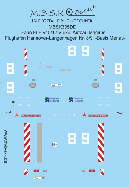 Decalsatz für FLF Faun 910/42 Flughafen Hannover-Langenhagen Nr. 8/9 -Basis Merlau Premium Digitaldruck Decal MBSK395DD